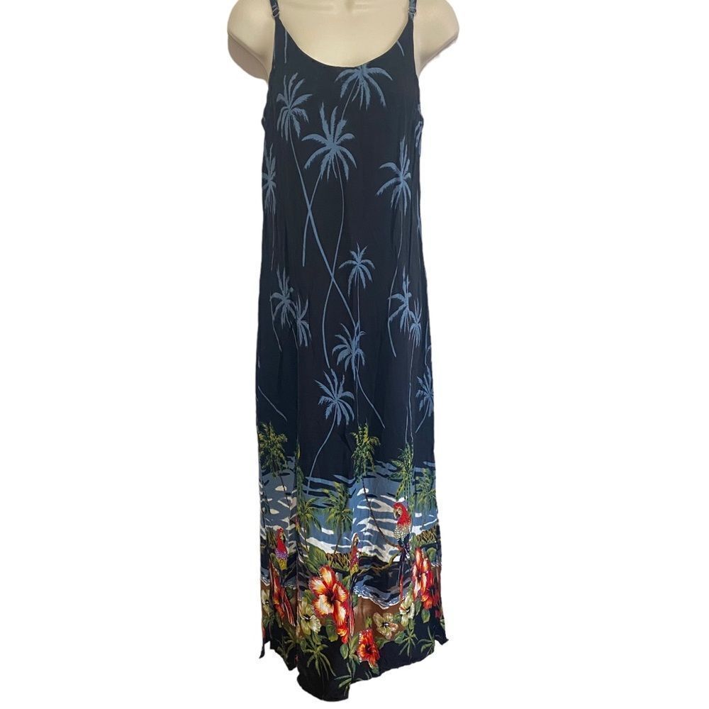 TIKI PALM Black Parrot Palm Tree Print Sequin Maxi Beach Dress